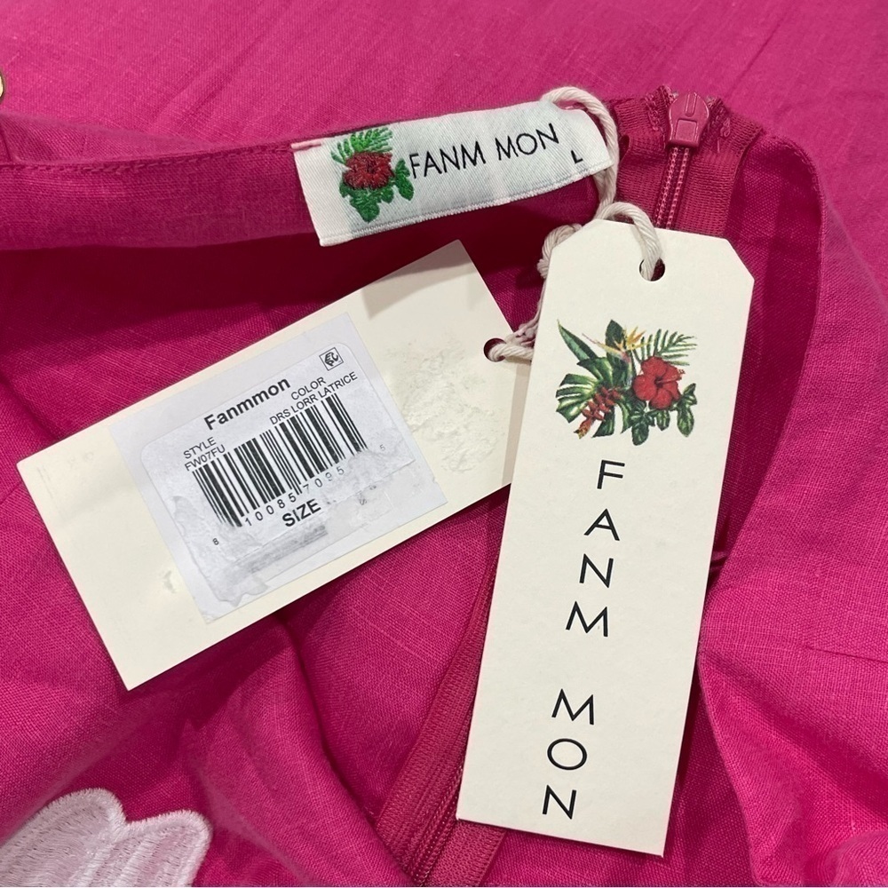 Fanm Mon LORR LINEN LATRICE DRESS Fuchsia Flower Embroidered Pleats Pockets $389 - Picture 11 of 12